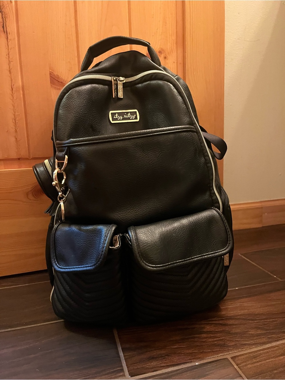 Itzy Ritzy Black Faux-Leather Diaper Bag Backpack
